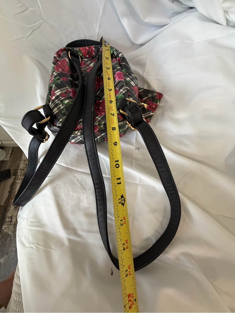 Betsey Johnson Black Plaid Floral Cat Mini Backpack - Picture 14 of 14